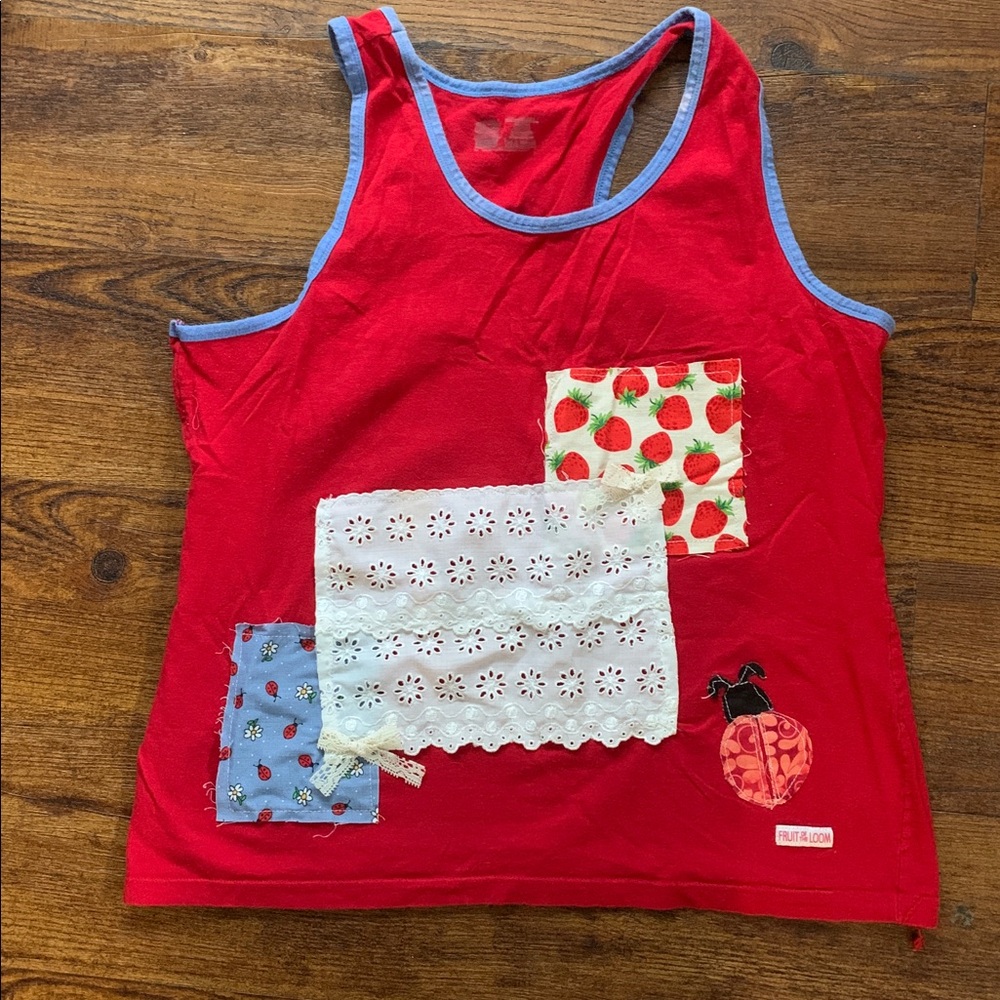 Upcycled Fruit of the Loom Red Patchwork Tank Top | Cottagecore Coquette XL